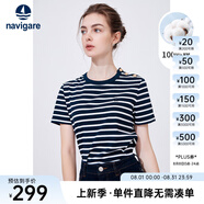 Navigare意大利小帆船短袖T恤女夏季純棉條紋體恤衫時尚顯瘦圓領百搭汗衫 海軍藍/白 XL