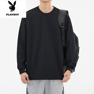 花花公子（PLAYBOY）重磅長(cháng)袖T恤男純棉春秋款小領(lǐng)口衛衣黑色中青年男士?jì)却畲虻咨?HSD0132黑色【305g】重磅 M 體重90-115斤