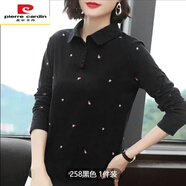 皮爾卡丹長(cháng)袖T恤女純棉媽媽裝上衣春季新款寬松中老年polo衫女長(cháng)袖T恤 黑色 2XL 建議115-130斤