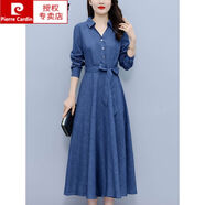 皮爾卡丹（pierre cardin）高端亞麻長(cháng)袖棉麻連衣裙女2025春秋新款系帶收腰氣質(zhì)高檔大擺裙子 藍色 M 【80-100斤】