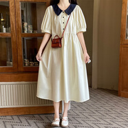 三棲虎女大童連衣裙夏季胖女孩初中生女裝夏裝12歲女孩裙子過(guò)膝長(cháng)裙13歲 杏色 70 S【建議體重70-90斤】