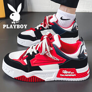 花花公子（PLAYBOY）男鞋夏季2025新款休閑帆布跑步板鞋男厚底增高網(wǎng)面透氣運動(dòng)鞋子男 白紅CPL1255804 39