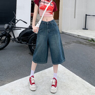 小野七天美式藍色七分牛仔褲女夏天高街小個(gè)子寬松中短褲女高腰顯瘦直筒褲 復古藍 M