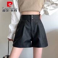 皮爾 卡丹PU黑色皮褲短褲女秋季外穿靴褲2025新款高腰顯瘦寬松闊腿褲子ins 黑色 2XL