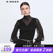 S.DEER【新】圣迪奧女裝高領(lǐng)鏤空波點(diǎn)網(wǎng)紗泡泡袖針織衫S233D3506 黑色/91 S 160