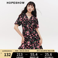 紅袖商場同款玫瑰印花連衣裙春季2024新款女裝 V領(lǐng)氣質(zhì)高級小眾茶歇裙 黑底粉花634 M