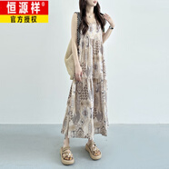 恒源祥長(cháng)款棉綢連衣裙女薄碎花大裙擺吊帶裙時(shí)尚度假風(fēng)人造棉外穿裙寬松 卡其民族風(fēng) 2XL 90-125斤