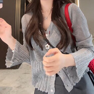 冉藝嵐同款夏日ootd穿搭高級感針織開衫女款2025夏季新款獨特超好看單穿 灰色 M(建議100斤以內) 均碼
