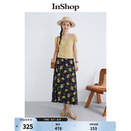 InShop【商場同款】新款蕾絲拼接針織衫女溫柔印染碎花長裙兩件套 黃花 S