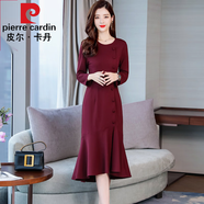 皮爾卡丹高檔品牌女裝有女人味的魚尾裙女春秋2022秋天新款時(shí)尚氣質(zhì)名媛系帶收腰連衣裙顯瘦 棗紅色 XL