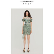 LULUALWAYS【商場同款】25秋季新款【森系薄荷曲】飄逸露肩連衣裙蕾絲晚禮服 綠色 S