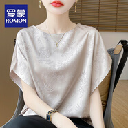 羅蒙（ROMON）中式國(guó)風(fēng)夏季新款醋酸緞面T恤女提花短袖圓領(lǐng)寬松短款蝙蝠袖上衣 香檳色*【//醋酸緞面提花蝙蝠袖 L 【體重100-120斤】
