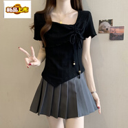初徑大碼女裝遮肚子方領(lǐng)抽繩短袖t恤女夏季胖妹妹修身顯瘦不規則上衣 黑色 M 【85-105斤】