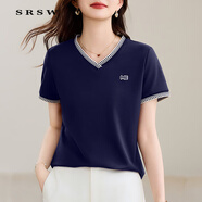 SRSW 短袖t恤女2025新款夏季V領(lǐng)高端女裝洋氣減齡上衣正肩半袖體恤 寶藍色 M （建議85-105斤）