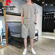 皮爾卡丹（pierre cardin）短袖t恤男夏季休閑套裝男士韓版潮流仿冰絲半袖男上衣服長褲子一 2855短褲套裝卡其色 XL