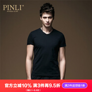 PINLI品立純色T恤男短袖夏季新款時尚修身V領(lǐng)打底衫潮T002 黑色 M 170（建議咨詢客服尺碼后下單）