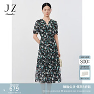 玖姿·安娜蔻輕熟風(fēng)印花雪紡輕薄收腰蛋糕裙連衣裙女2024夏款 花咖啡 M