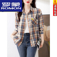 羅蒙（ROMON）純棉長袖襯衫女春秋季新款外搭復(fù)古格子襯衣寬松休閑洋氣全棉上衣 L