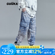 古由卡（GUUKA）潮牌燈芯絨束腳褲男秋冬 刺繡漸變多袋工裝褲寬松休閑運動長褲 藍灰 M