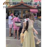 夢(mèng)清琦2025新款韓式潮牌黃色吊帶裙連衣裙女新款拼接露背收腰顯瘦裙子 黃色 M
