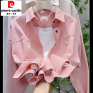 皮爾卡丹新款純棉小個(gè)子Polo領(lǐng)襯衫女秋冬韓版寬松休閑襯衣上衣短款外套女 粉色-純棉 XL