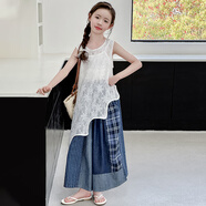 迪士尼（Disney）女童不規則罩衫牛仔褲套裝2025夏季刺繡無(wú)袖背心裙拼色九分闊腿褲 背心+罩衫+褲子 160 （建議身高145-155CM）