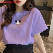 LOVER RUCCI韓版新款純棉正肩短袖t恤女薄款夏季潮寬松圓領(lǐng)半袖女士體恤上衣 紫色(小米奇) M 建議 96-108斤
