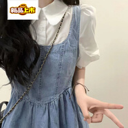 初徑假兩件牛仔連衣裙女2025夏季新款法式高腰短袖學(xué)院風(fēng)襯衫拼接裙子 藍色 S 【建議80-95斤】