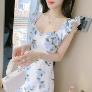 蘇奈雪實拍2025夏季無袖淑女超修身甜美瑞麗小清新植物花卉連衣裙 圖片色 S