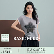 Basic House/百家好2025夏季新款撞色星星印花針織短袖T恤上衣 灰色 M 90-120斤