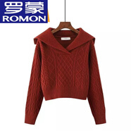 羅蒙（ROMON）100%羊毛小眾毛衣女高腰短款大翻領(lǐng)秋冬新款娃娃領(lǐng)毛衣針織打底衫 酒紅色普通款 XL 110-120斤