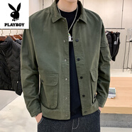 花花公子（PLAYBOY）純棉男士休閑衣服春秋外套男秋季韓版潮流工裝夾克男2025新款男裝 軍綠色【純棉面料】 S