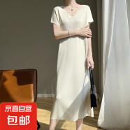 法式V領中長款針織連衣裙女寬松休閑打底長裙短袖t恤裙/RT1103-X 白色 2XL