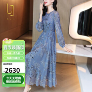 OLJ高檔品牌連衣裙女2025年春夏新款復古圓領(lǐng)民族風印花桑蠶絲裙子 藍色 2XL [適合135-145]斤