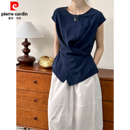 皮爾卡丹（pierre cardin）藏青色無領(lǐng)小飛袖亞麻襯衣女款不規(guī)則交叉斜扣背心老錢風棉麻上衣 藏青上衣 M