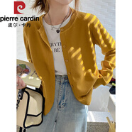 皮爾卡丹（pierre cardin）早秋薄款針織開衫外套女2025新款春秋白色圓領(lǐng)毛衣外搭上衣 黃色 S