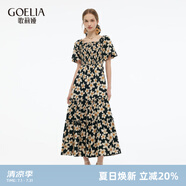 歌莉婭印花連衣裙女夏季出游穿搭2025新款漂亮方領(lǐng)長裙1E5R4K820 1DD黑金手繪橘子花 XXS