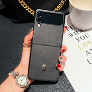 三星（SAMSUNG）【原裝品質(zhì)】適用三星zflip4手機殼 W23Flip真皮全包薄外殼Zflip3 羊皮紋-黑灰色【配金屬標】 三星Z_Flip4