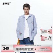 BJHG黃子弘凡同款不計(jì)后果秋豎條紋襯衫女原創(chuàng)手繪涂鴉情侶外套襯衣男 藍(lán)灰格紋 L