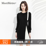 MeetMetro瑪依爾不規(guī)則撞色連衣裙女2025夏裝設(shè)計感蝴蝶結(jié)百褶裙氣質(zhì)a字裙 黑白MJ936933 M