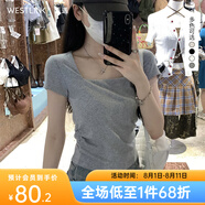 西遇方領(lǐng)短袖t恤女2025年夏季新款小個(gè)子法式正肩修身短款上衣 灰色 S (155)