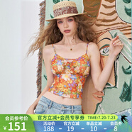 妖精的口袋南法田園碎花吊帶女2025年夏季新款辣妹絕美無袖上衣 油畫橙色 S