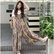 波西米亞背帶褲女夏季薄款2025新款小眾短袖吊帶寬松闊腿褲兩件套 波西米亞【套裝】 【短袖+背帶褲】 S  建議98斤以下