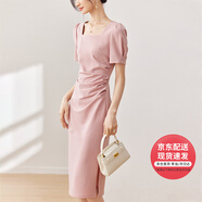 凡琴氣質(zhì)甜美減齡連衣裙女夏季方領(lǐng)側(cè)邊開(kāi)衩遮胯顯瘦裙子 粉紅 L 