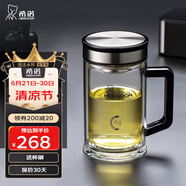 希諾（HEENOOR）雙層抗菌玻璃杯男女士高檔商務(wù)辦公泡茶杯大容量水杯加厚隔熱杯子 帶手柄-420ml-鏡面杯蓋 銀離子抗菌版+禮盒裝+帶濾網(wǎng)