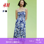 H&M女裝背心吊帶連衣裙秋季無袖修身收腰露背海洋印花長裙1221999 白色/藍色花卉 XS 155/80