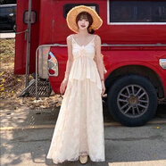 春乏裙子夏季新款女裝白茶甜美清新溫柔蕾絲連衣裙吊帶半身裙套裝女 半身裙 S 【建議80斤-95斤】