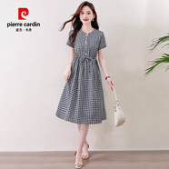 皮爾卡丹（pierre cardin）棉麻連衣裙女夏新款韓版大碼收腰顯瘦氣質(zhì)減齡千鳥格中長款a字裙 黑白 M (建議85-100斤 高品質(zhì))
