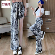 俞兆林甜美格子印花冰絲民族風(fēng)闊腿褲女夏垂感寬松防蚊度假休閑褲 水墨畫(huà)  冰絲 抽繩 XL (建議100-120斤)