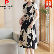 皮爾卡丹（PIERRE CARDIN）綢緞面料媽媽洋氣夏裝連衣裙2025新款中老年女裝高貴短袖過膝裙子 黑色 2310 2XL (建議105-120斤)